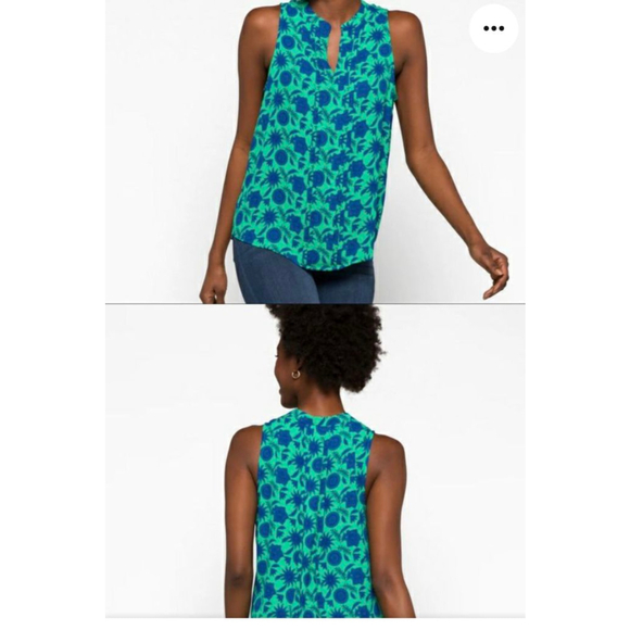 Hawthorn Green Blue Floral XXL sleeveless pintuck blouse - Picture 1 of 5